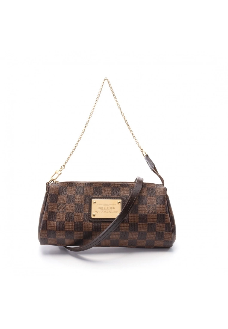 Pre-loved LOUIS VUITTON EVA Black checkerboard grid Chain Handbag PVC Genuine Leather Brown 2 Way Style 3 Pre-loved LOUIS VUITTON EVA Black checkerboard grid Chain Handbag PVC Genuine Leather Brown 2 Way Style