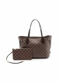 Pre-loved LOUIS VUITTON Neverfull PM Black checkerboard grid Handbag Tote Bag PVC Genuine Leather Brown