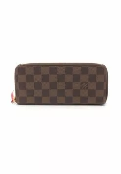 Pre-loved LOUIS VUITTON Portefeuille Clemence Black checkerboard grid Cherry Red Rounded corner zipper long Wallet PVC Genuine Leather Brown Red