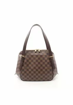 Pre-loved LOUIS VUITTON Belem MM Black checkerboard grid Shoulder Bag PVC Genuine Leather Brown