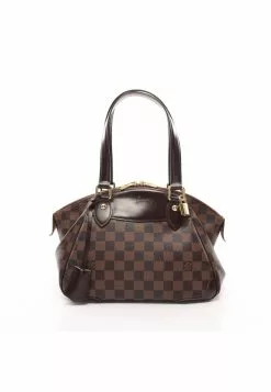 Pre-loved LOUIS VUITTON Verona PM Black checkerboard grid Shoulder Bag PVC Genuine Leather Brown