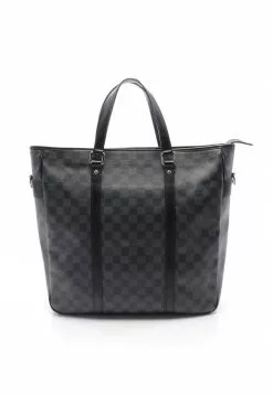 Pre-loved LOUIS VUITTON Tadao black Checkered Handbag Tote Bag PVC Genuine Leather Black