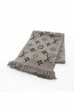 Pre-loved Echarp Logomania light grey scarf Full pattern wool Silk grey beige LOUIS VUITTON