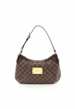 Pre-loved Thames PM Black checkerboard grid Shoulder Bag PVC Genuine Leather Brown LOUIS VUITTON
