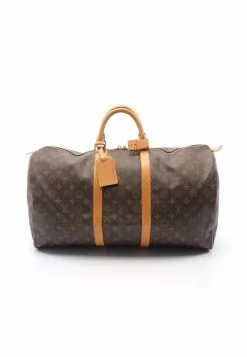 Pre-loved Keepall55 Classic Monogram Duffle Bag PVC Genuine Leather Brown LOUIS VUITTON