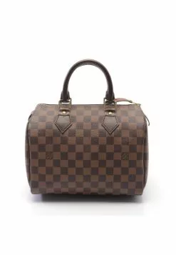 Pre-loved Speedy25 Black checkerboard grid Handbag PVC Genuine Leather Brown LOUIS VUITTON