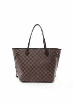 Pre-loved Neverfull MM Black checkerboard grid Shoulder Bag Tote Bag PVC Genuine Leather Brown LOUIS VUITTON