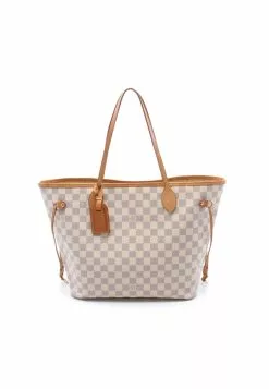 Pre-loved LOUIS VUITTON Neverfull MM white checkered Shoulder Bag Tote Bag PVC Genuine Leather white