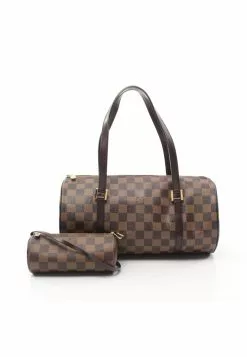 Pre-loved Papillon30 Black checkerboard grid Handbag PVC Genuine Leather Brown LOUIS VUITTON