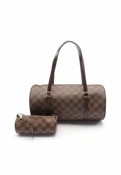 Pre-loved Papillon30 Black checkerboard grid Handbag PVC Genuine Leather Brown LOUIS VUITTON