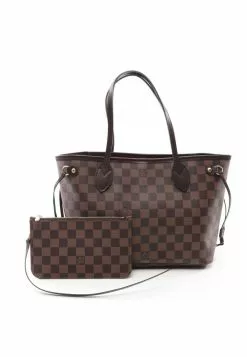 Pre-loved LOUIS VUITTON Neverfull PM Black Checkered Handbag Tote Bag PVC Genuine Leather Brown