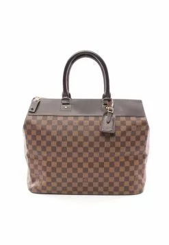 Pre-loved LOUIS VUITTON Greenwich PM Black Checkered Boston Bag PVC Genuine Leather Brown