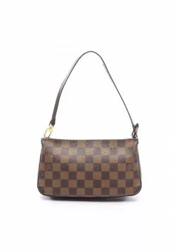 Pre-loved LOUIS VUITTON Navona Black Checkered Handbag PVC Genuine Leather Brown