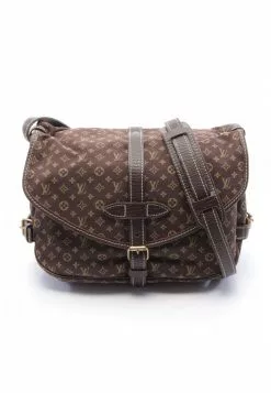 Pre-loved LOUIS VUITTON Saumur Classic Monogram Mini Line Black Canvas Shoulder Bag Genuine Leather Dark Brown