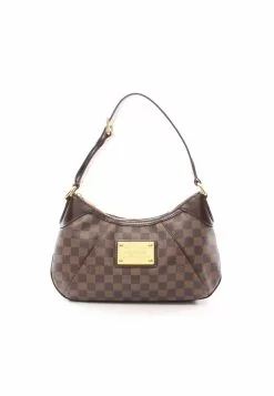 Pre-loved LOUIS VUITTON Thames PM Black checkerboard grid Shoulder Bag PVC Genuine Leather Brown