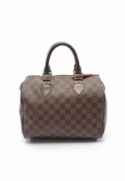 Pre-loved LOUIS VUITTON Speedy25 Black checkerboard grid Handbag PVC Genuine Leather Brown