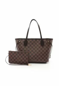 Pre-loved LOUIS VUITTON Neverfull PM Black checkerboard grid Handbag Tote Bag PVC Genuine Leather Brown