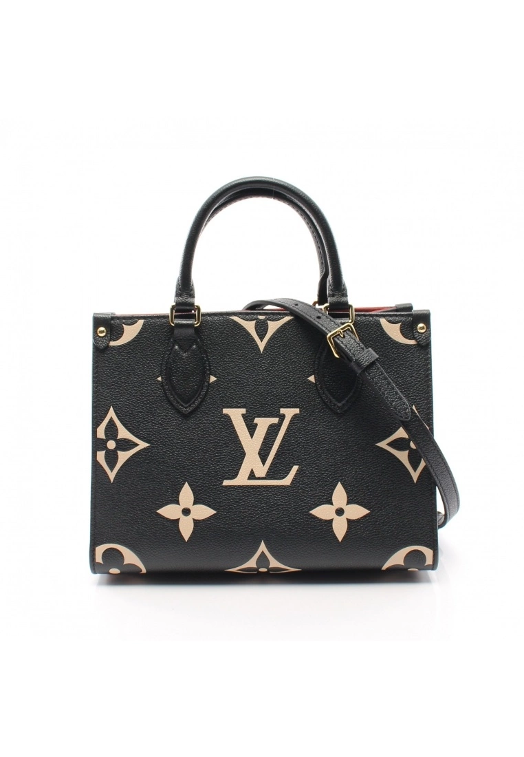 Pre-loved LOUIS VUITTON OnTheGo PM 2 Colored Classic Monogram empreinte embossed Genuine Leather Handbag Black Beige 2 Way Style 3 Pre-loved LOUIS VUITTON OnTheGo PM 2 Colored Classic Monogram empreinte embossed Genuine Leather Handbag Black Beige 2 Way Style