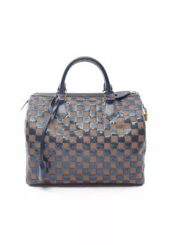 Pre-loved LOUIS VUITTON Speedy30 Checkered Handbag PVC Genuine Leather Sequined Brown Navy