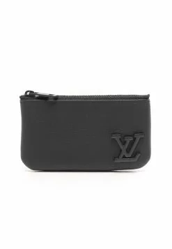 Pre-loved LOUIS VUITTON Pochette Cley AEROGRAM Black Genuine Leather Coin Pouch Black Chain hook buckle